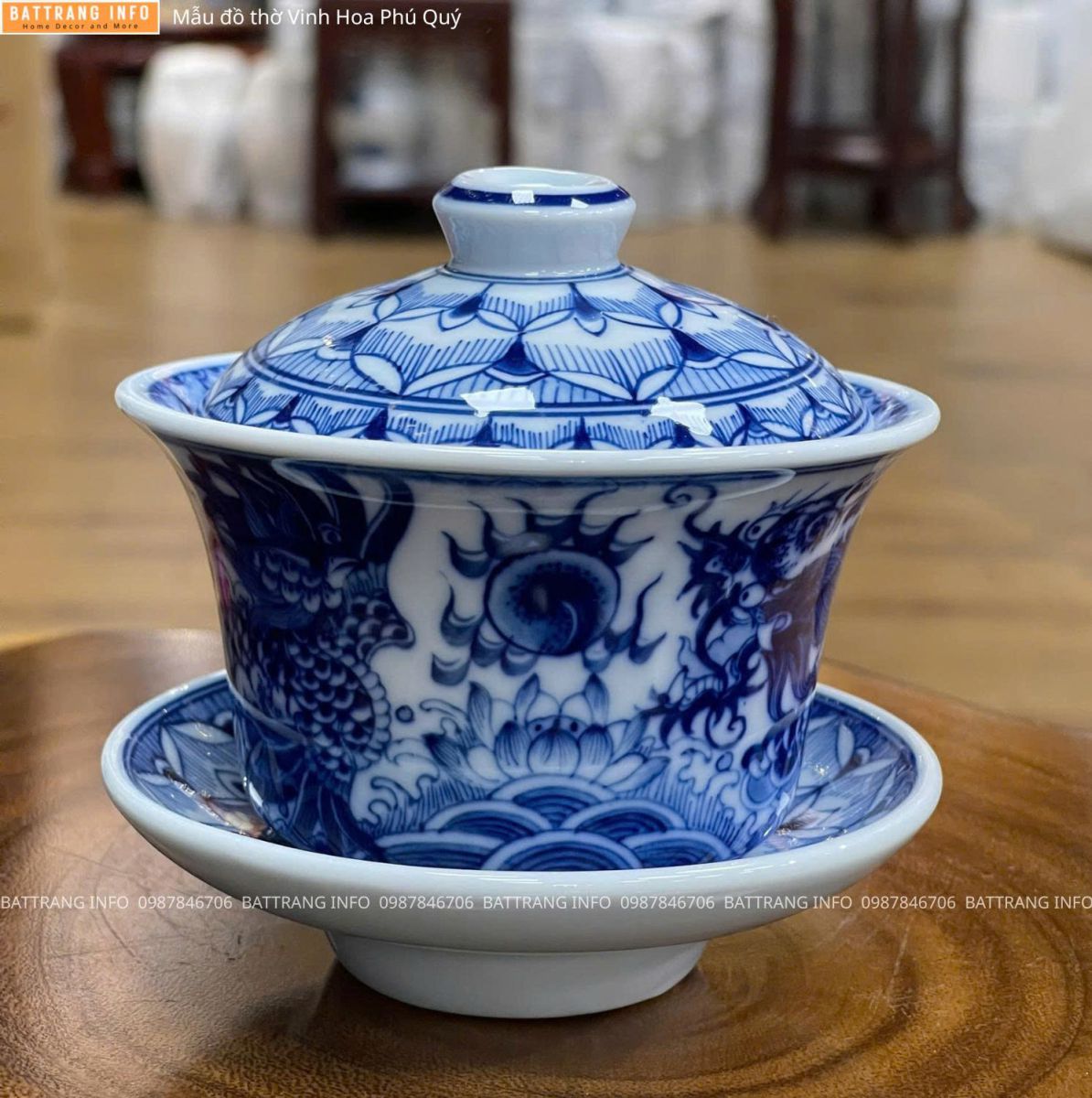 Bộ Đồ Thờ Vinh Hoa Phú Quý Men Lam Vẽ Tay Cao Cấp Bát Tràng – Bát Sâm