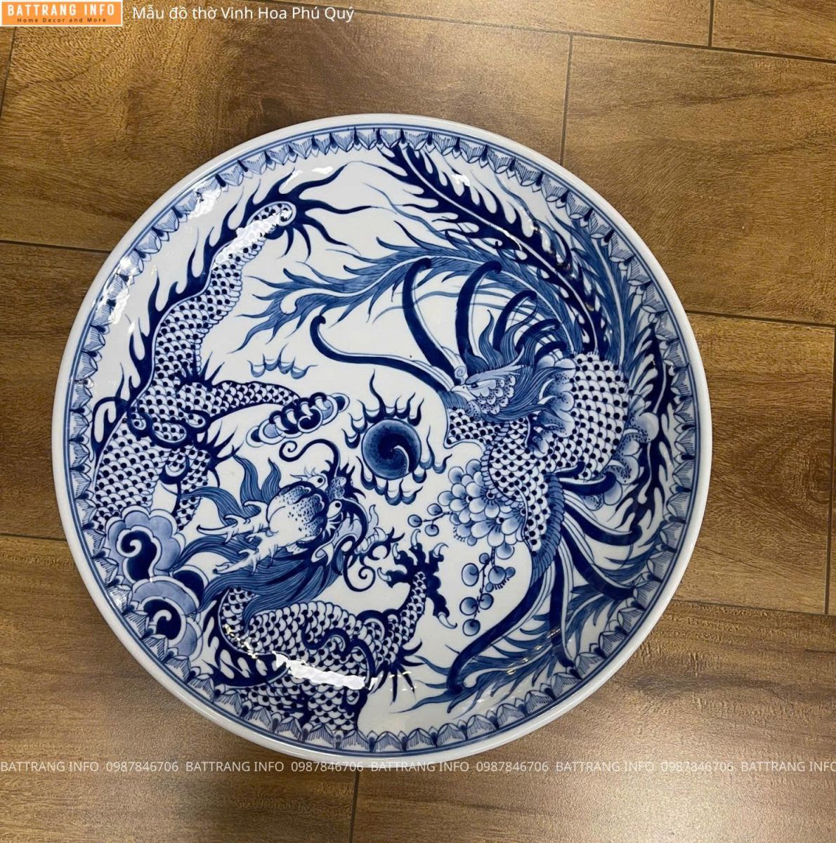 Bộ Đồ Thờ Vinh Hoa Phú Quý Men Lam Vẽ Tay Cao Cấp Bát Tràng - Mâm Bồng