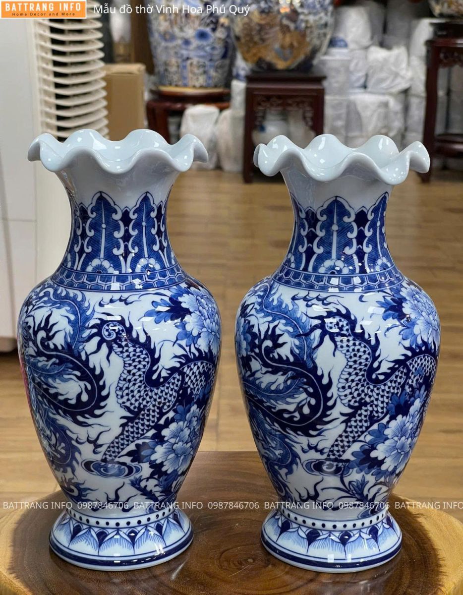 Bộ Đồ Thờ Vinh Hoa Phú Quý Men Lam Vẽ Tay Cao Cấp Bát Tràng – Lọ Hoa Miệng Lượn 2