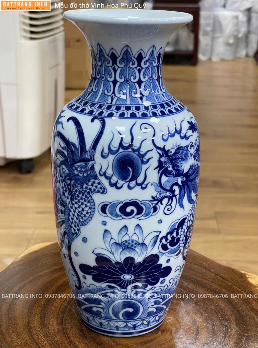 Bộ Đồ Thờ Vinh Hoa Phú Quý Men Lam Vẽ Tay Cao Cấp Bát Tràng –  Lọ Hoa Miệng Tròn