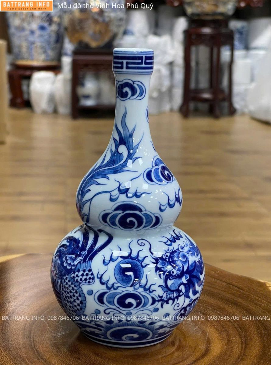 Bộ Đồ Thờ Vinh Hoa Phú Quý Men Lam Vẽ Tay Cao Cấp Bát Tràng – Nậm Rượu