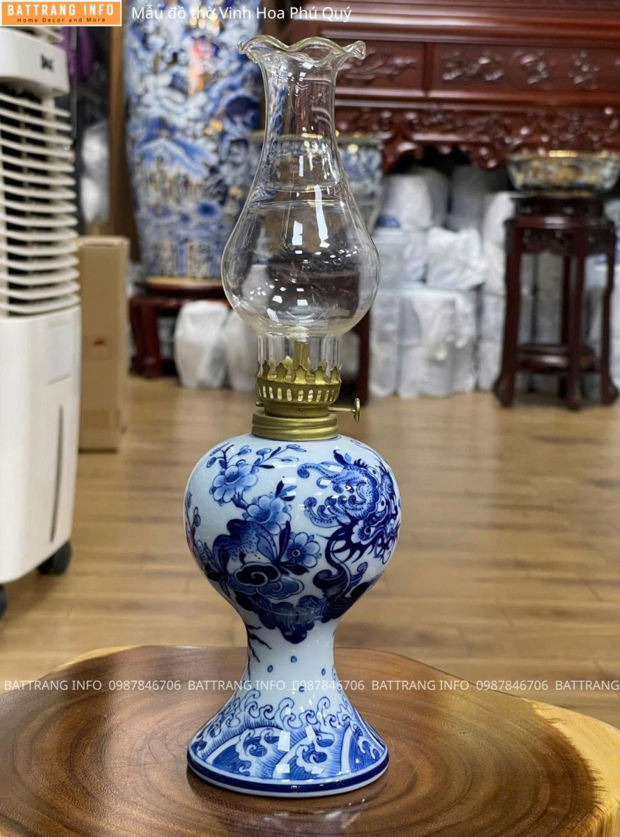 Bộ Đồ Thờ Vinh Hoa Phú Quý Men Lam Vẽ Tay Cao Cấp Bát Tràng – Đèn Dầu 2