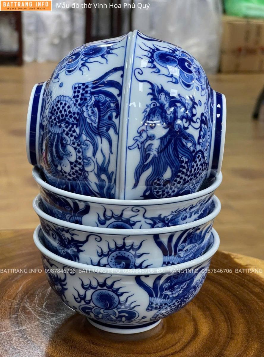 Bộ Đồ Thờ Vinh Hoa Phú Quý Men Lam Vẽ Tay Cao Cấp Bát Tràng – Bát Cúng Rồng 2