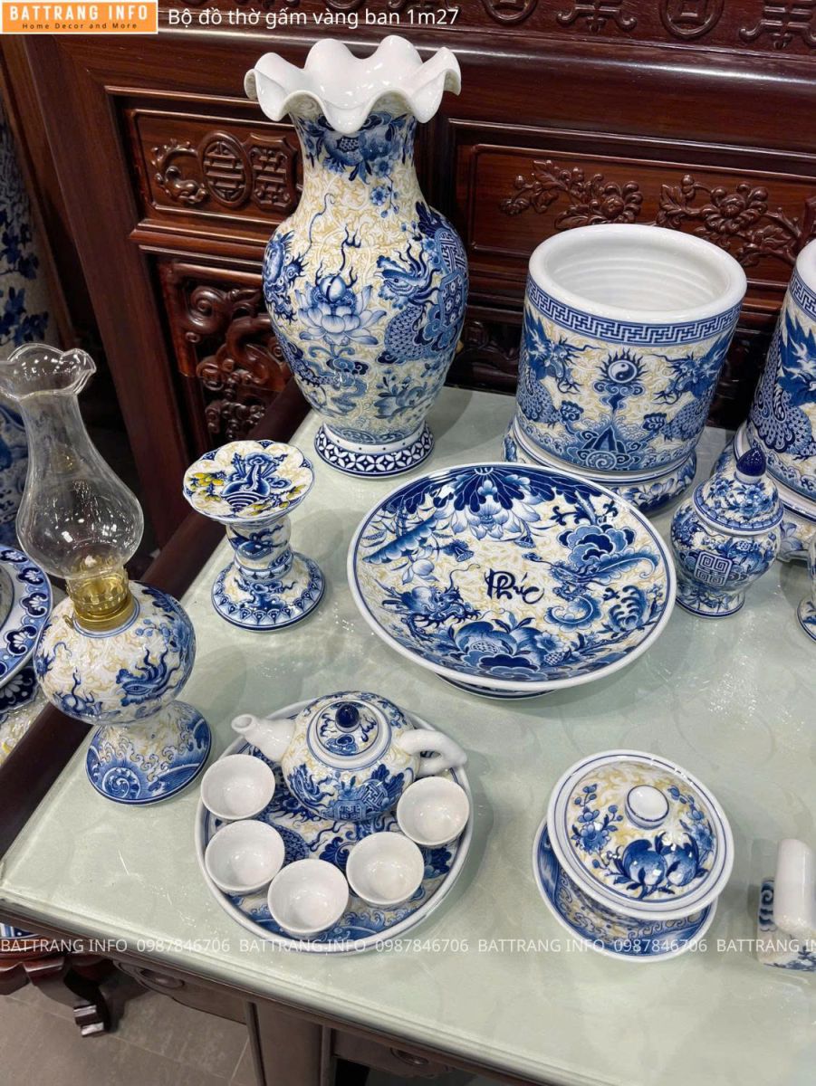 Bộ Đồ Thờ Gấm Vàng Cao Cấp Bát Tràng – Tinh Hoa Tâm Linh Việt