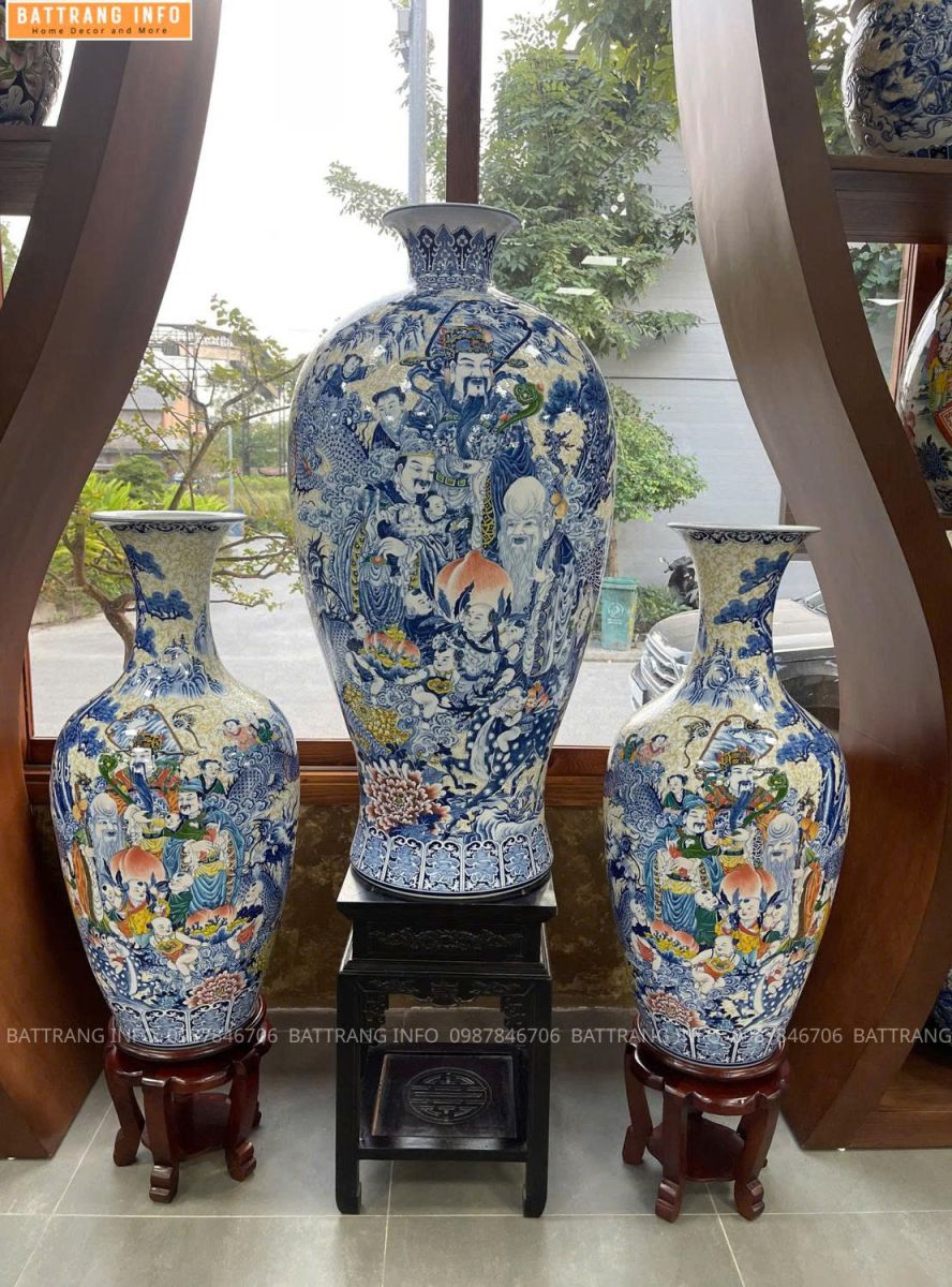 Bộ 3 Bình Trang Trí Phòng Khách Siêu VIP Vẽ Tay Thủ Công Cao Cấp Bát Tràng