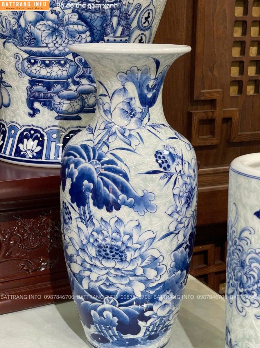 Bộ Đồ Thờ Gấm Xanh Cao Cấp Bát Tràng