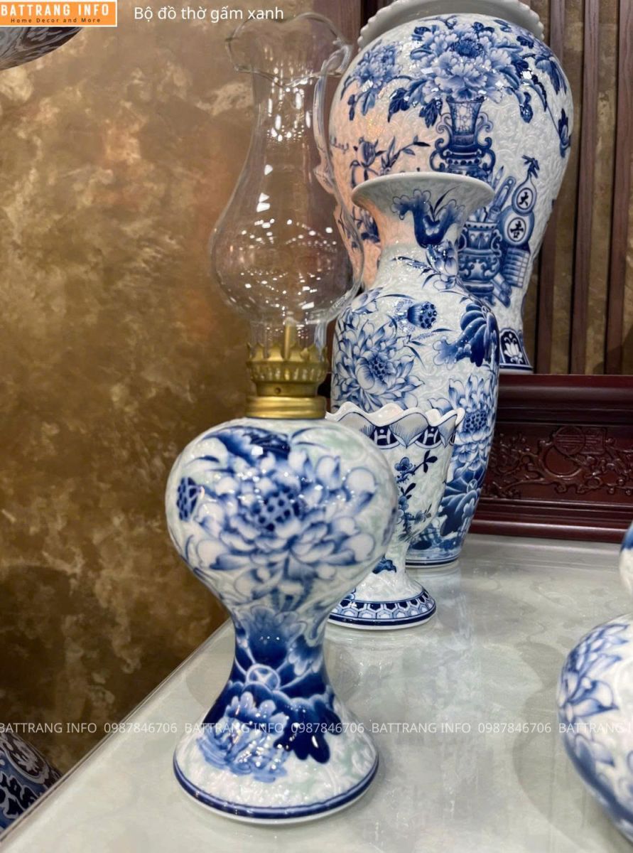 Bộ Đồ Thờ Gấm Xanh Cao Cấp Bát Tràng