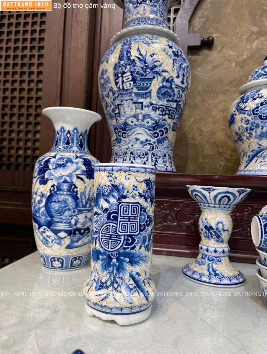 Bộ Đồ Thờ Gấm Vàng Cao Cấp Bát Tràng – Tinh Hoa Tâm Linh Việt