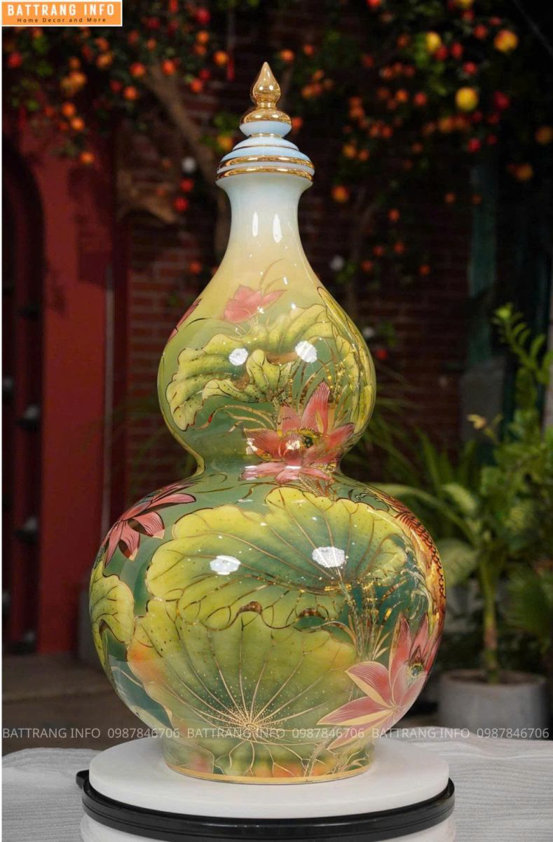 Hồ Lô Sen Cá Nền 3D Vẽ Vàng 24K Cao Cấp Bát Tràng – Tinh Hoa Phong Thủy & Nghệ Thuật Gốm Việt