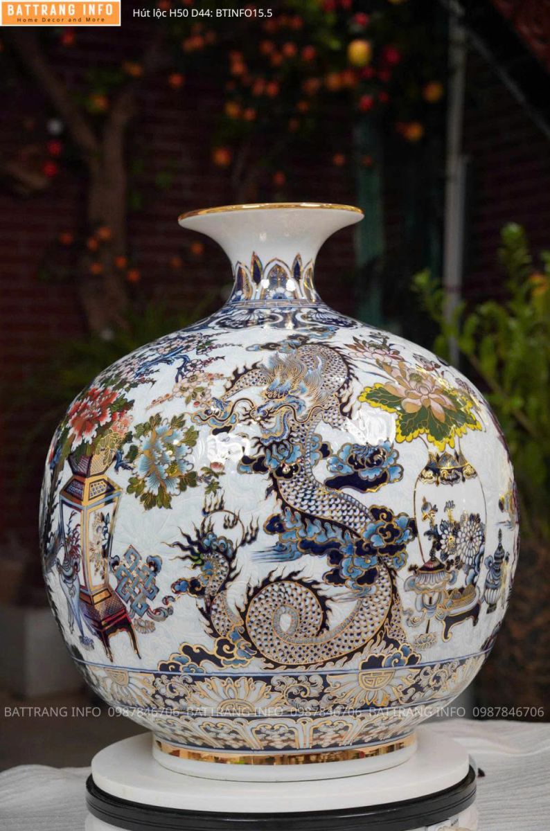 Bình Hút Tài Lộc Tứ Linh Cổ Đồ Men Lam Vẽ Vàng 24K Cao 50cm