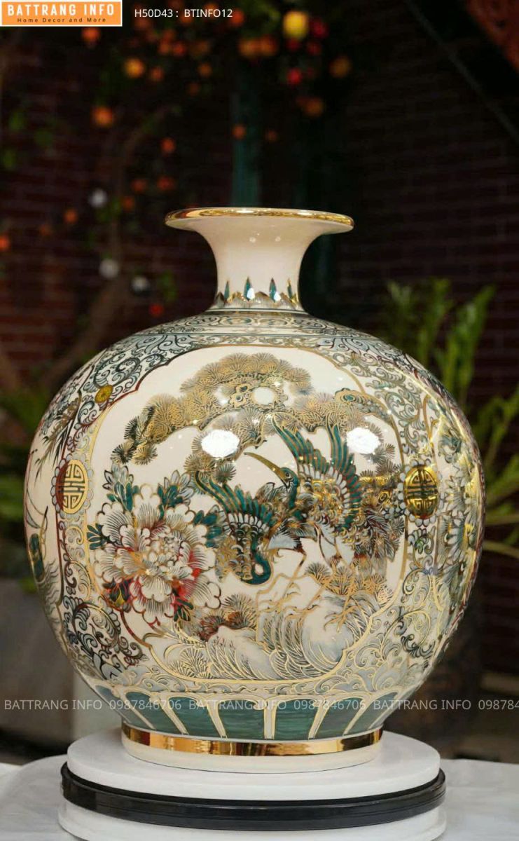  Bình Hút Tài Lộc Tứ Cảnh Men Hoàng Thổ Vẽ Tay Vẽ Vàng 24K Cao 50cm – Gốm Sứ Bát Tràng Cao Cấp