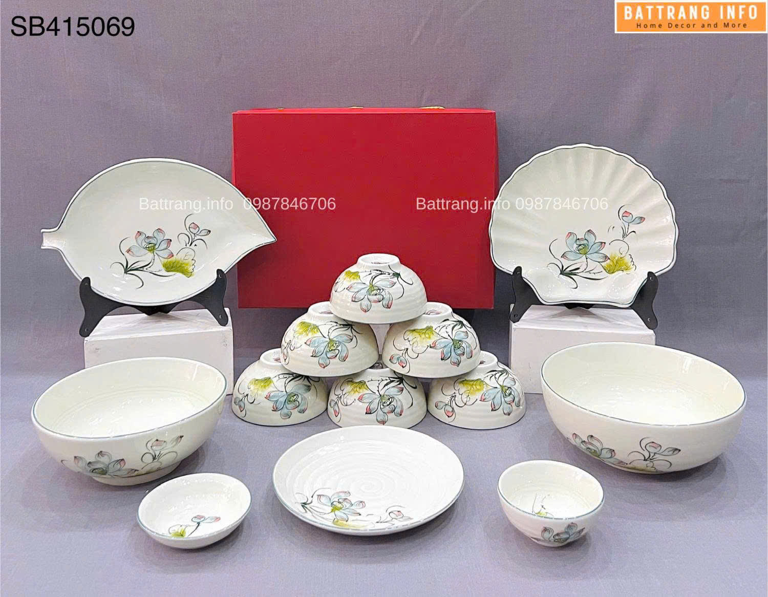 Bộ bát đĩa sen cốm men kem vẽ tay cao cấp Bát Tràng – Món quà tặng tinh tế, sang trọng và giàu giá trị văn hóa