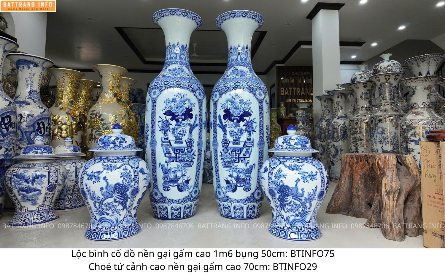 Combo Lộc Bình Tứ Cảnh Cổ Đồ Nền Gấm & Choé Tứ Cảnh Cao Cấp Bát Tràng