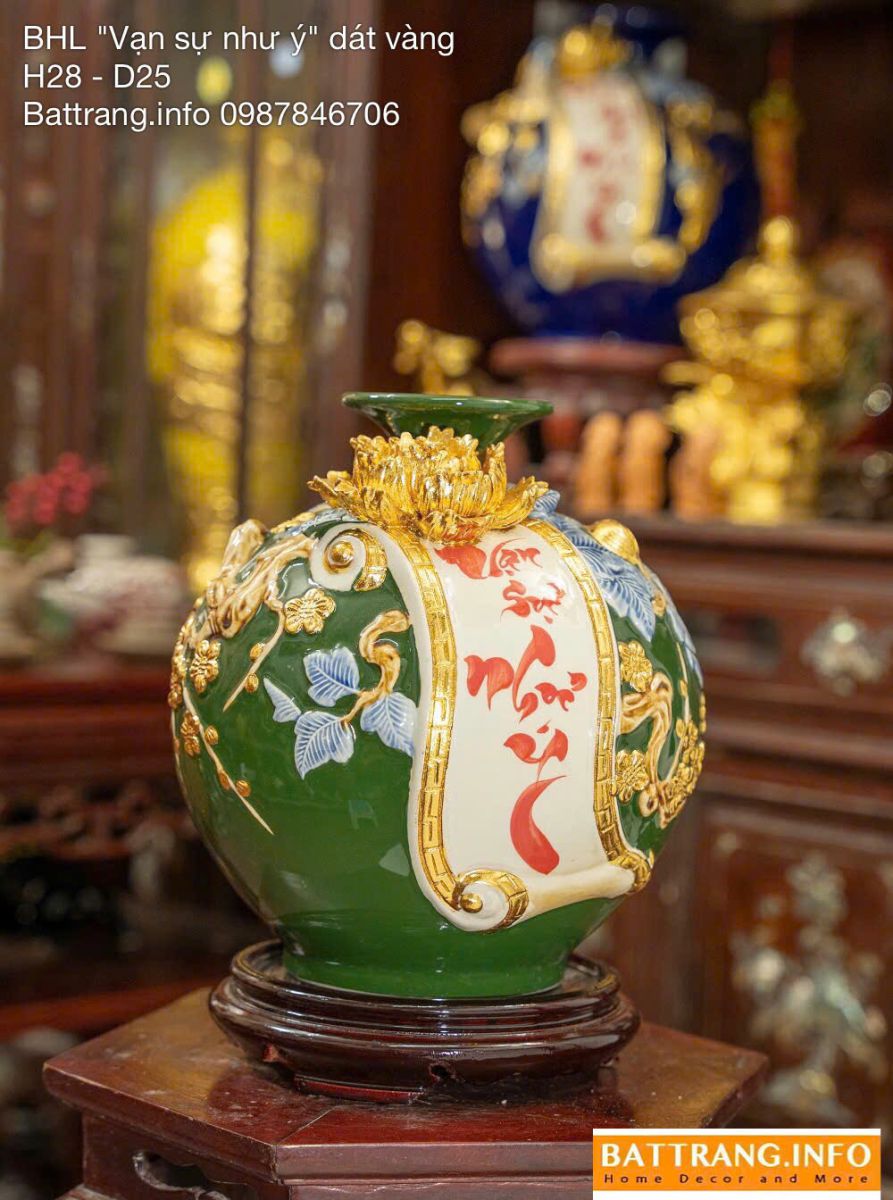 Bình Hút Tài Lộc Men Màu Đắp Nổi Chữ “Vạn Sự Như Ý” Cao 28cm Dát Vàng Cao Cấp Bát Tràng