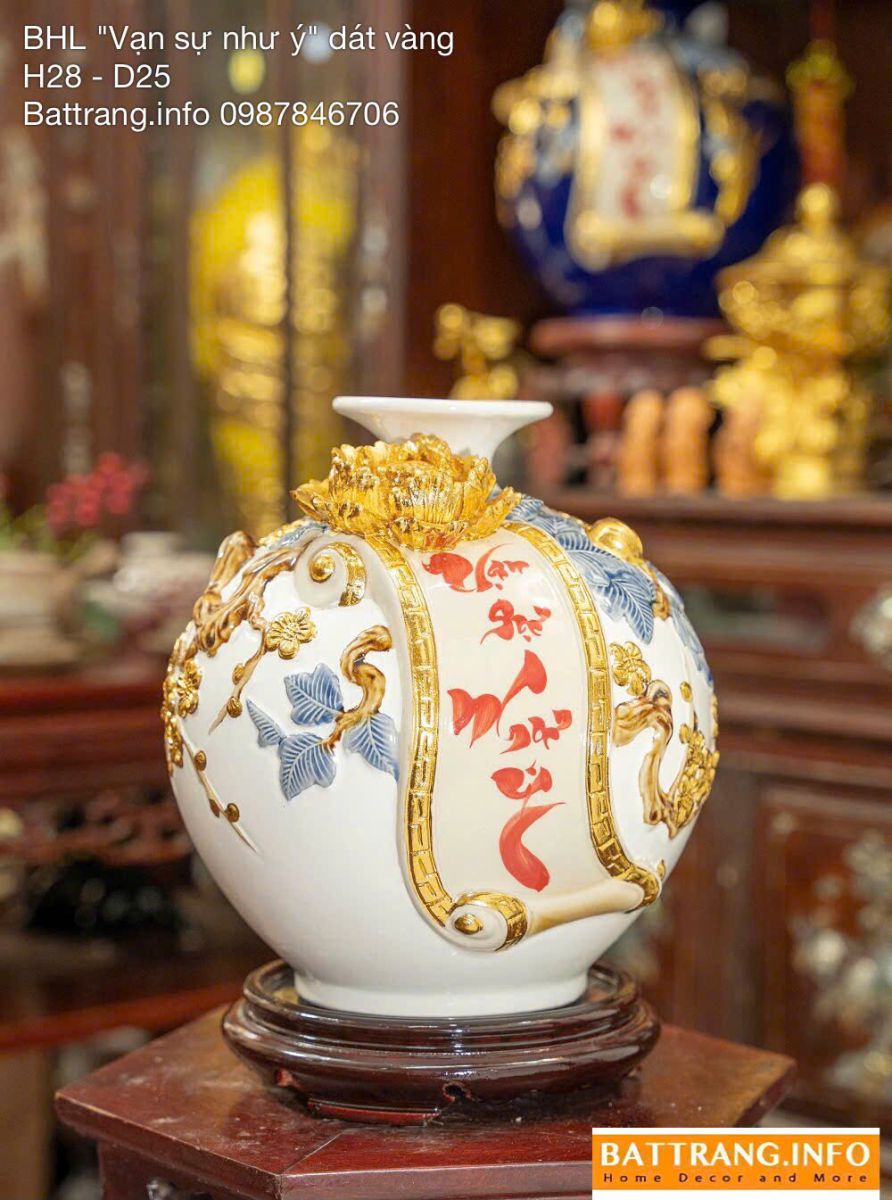 Bình Hút Tài Lộc Men Màu Đắp Nổi Chữ “Vạn Sự Như Ý” Cao 28cm Dát Vàng Cao Cấp Bát Tràng