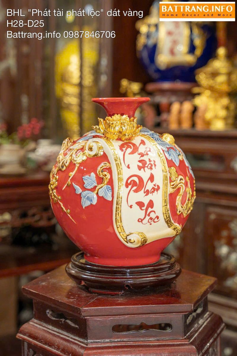 Bình Hút Tài Lộc Men Màu Đắp Nổi Dát Vàng Chữ “Phát Tài Phát Lộc” Cao 28cm – Gia Đạo Hưng Vượng, Cuộc Sống Sung Túc