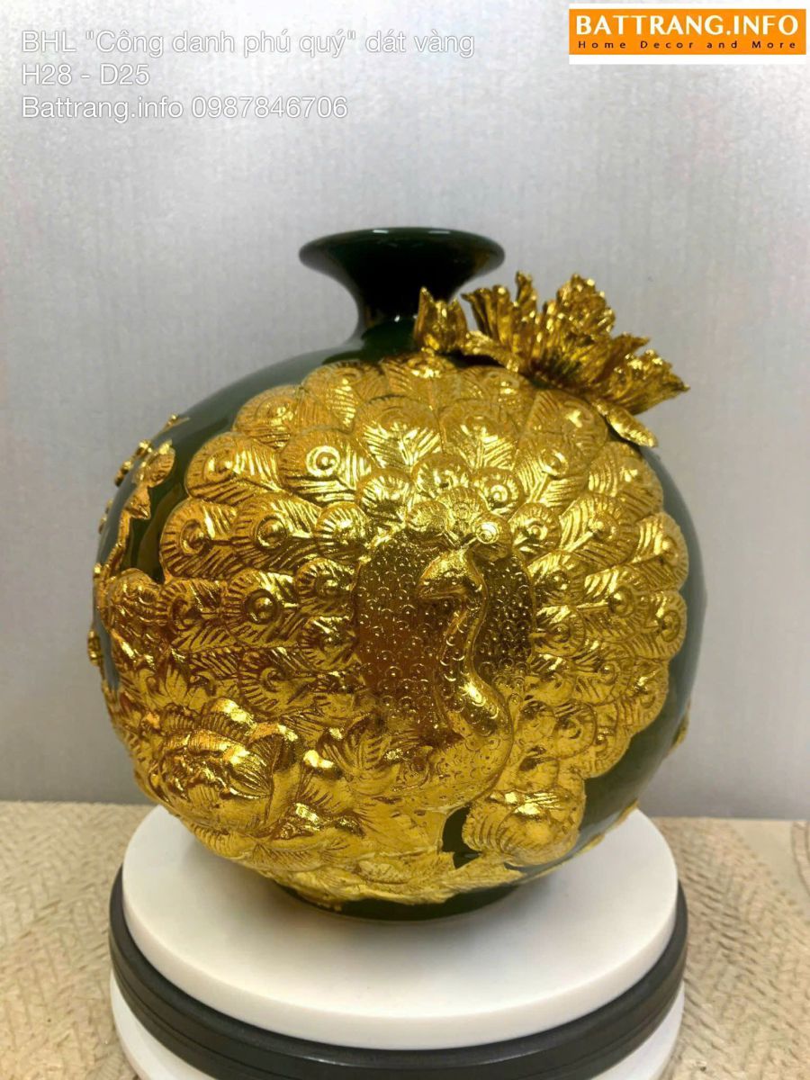 Bình Hút Tài Lộc Men Màu Công Đào Dát Vàng Cao 28cm – Gốm Sứ Bát Tràng Cao Cấp