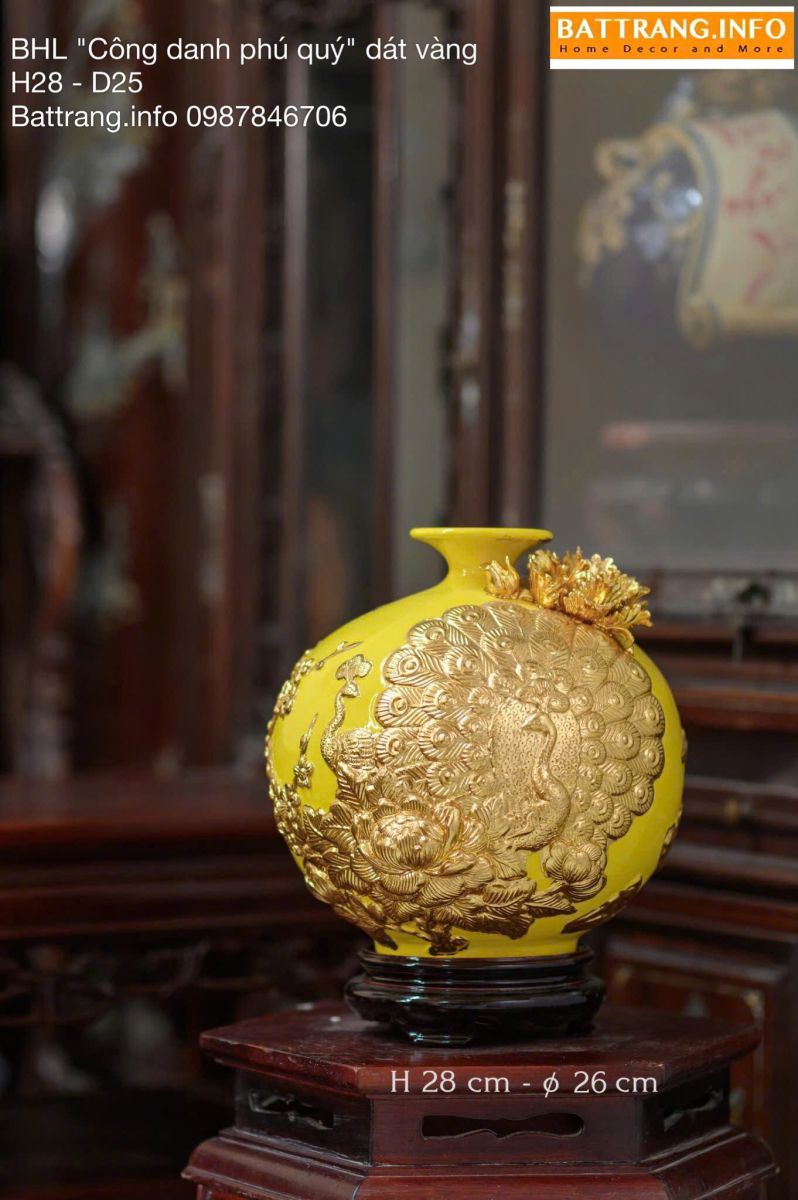 Bình Hút Tài Lộc Men Màu Công Đào Dát Vàng Cao 28cm – Gốm Sứ Bát Tràng Cao Cấp
