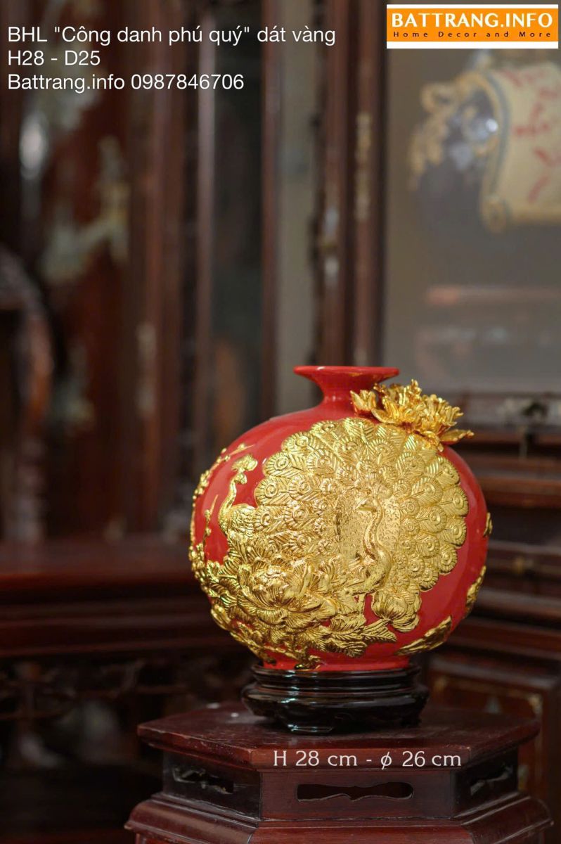 Bình Hút Tài Lộc Men Màu Công Đào Dát Vàng Cao 28cm – Gốm Sứ Bát Tràng Cao Cấp
