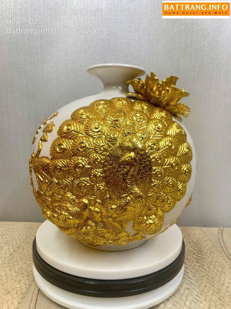 Bình Hút Tài Lộc Men Màu Công Đào Dát Vàng Cao 28cm – Gốm Sứ Bát Tràng Cao Cấp