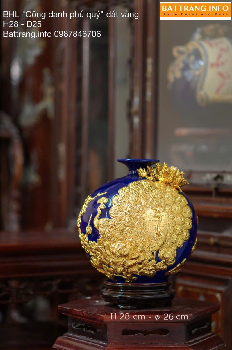 Bình Hút Tài Lộc Men Màu Công Đào Dát Vàng Cao 28cm – Gốm Sứ Bát Tràng Cao Cấp