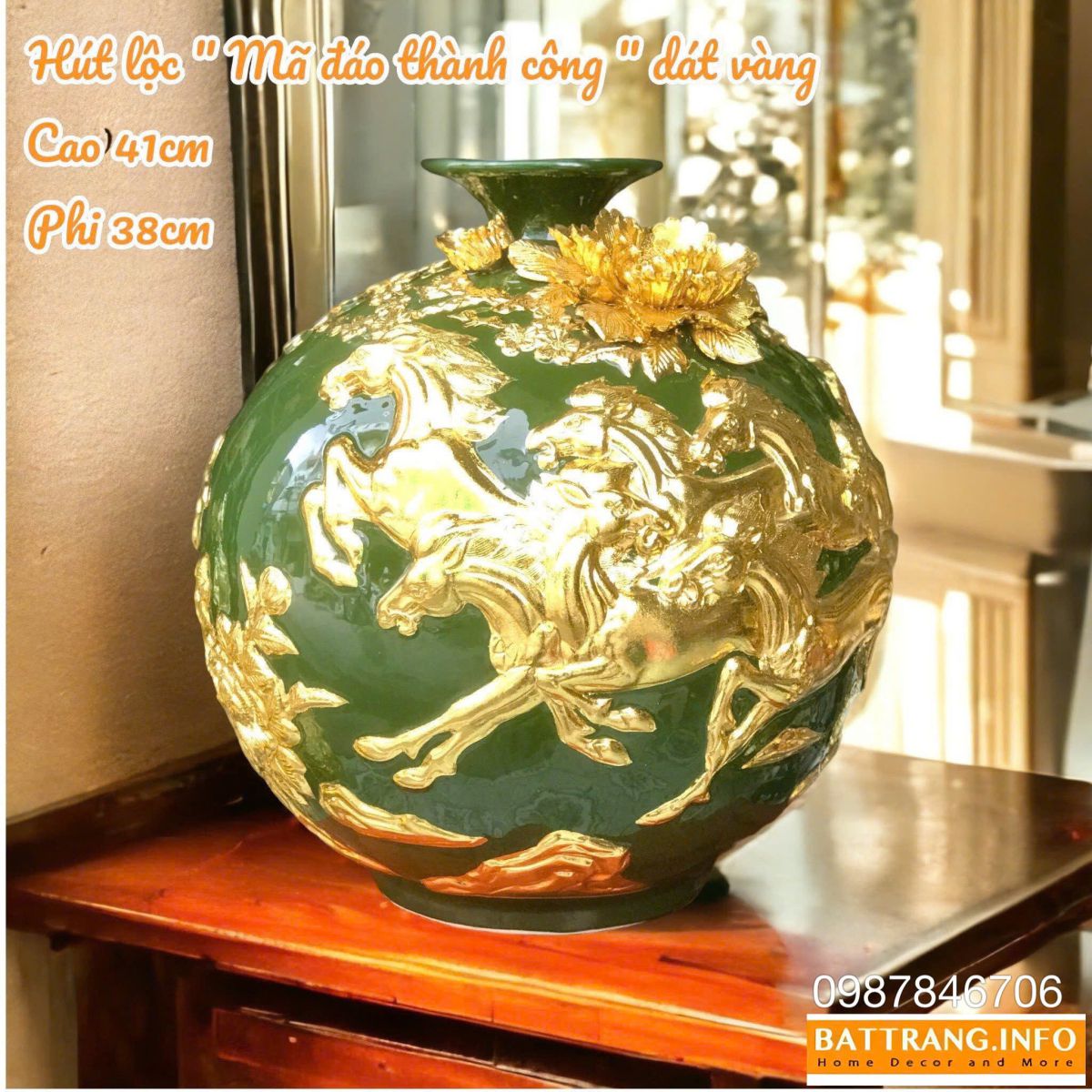 Bình Hút Lộc Mã Đáo Thành Công Men Màu Đắp Nổi Dát Vàng Cao 41cm