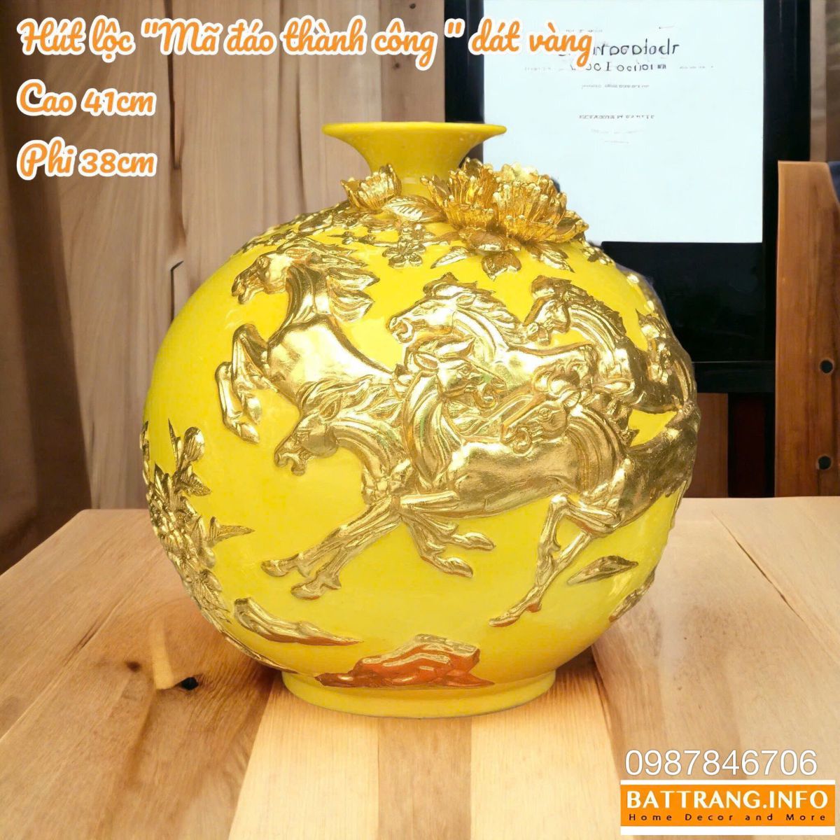 Bình Hút Lộc Mã Đáo Thành Công Men Màu Đắp Nổi Dát Vàng Cao 41cm