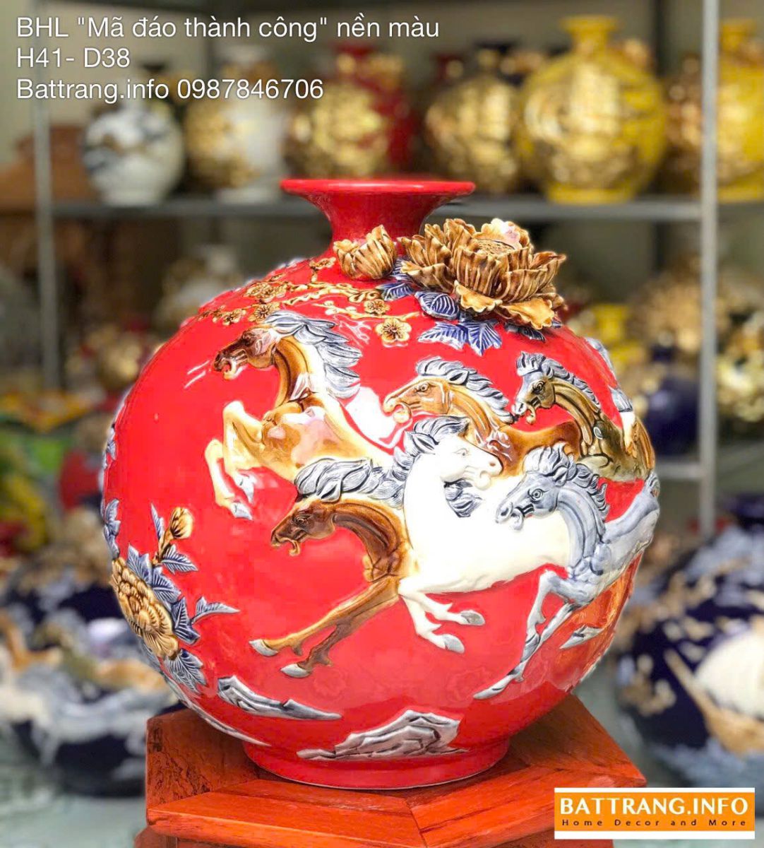 Bình Hút Lộc Mã Đáo Thành Công Nền Màu – Cao 41cm Cao Cấp Bát Tràng