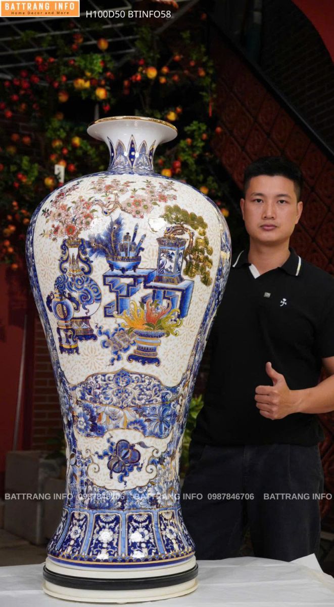 Mai Bình Nhị Cảnh Cổ Đồ Nền Gấm Vẽ Vàng 24K Cao 1m – Biểu Tượng Của Trí Tuệ Và Phú Quý