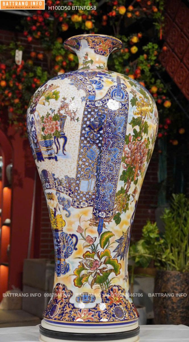 Mai Bình Nhị Cảnh Cổ Đồ Cuốn Thư Nền Gấm 3D Cao 1m Vẽ Vàng 24K 2