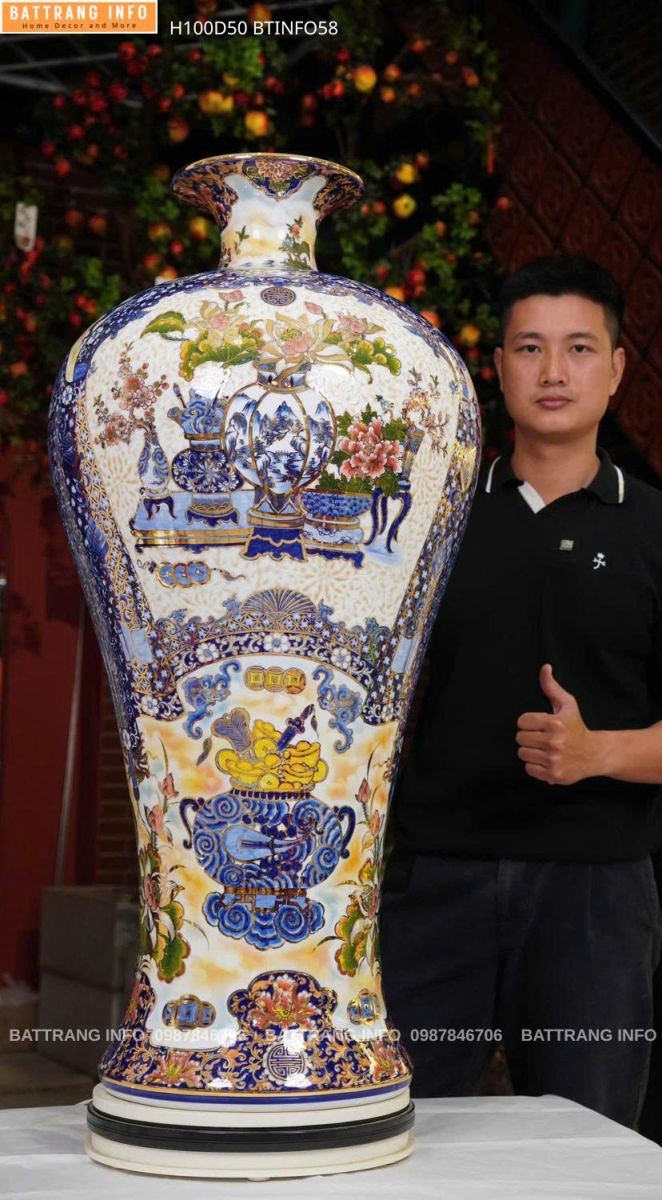 Mai Bình Nhị Cảnh Cổ Đồ Cuốn Thư Nền Gấm 3D Cao 1m Vẽ Vàng 24K