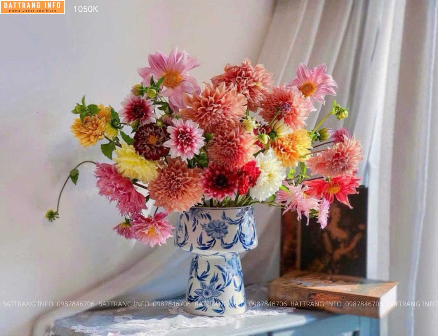 Lọ Hoa Dáng Ly Cao 25cm Miệng 16cm Vẽ Tay Men Lam Cao Cấp Bát Tràng