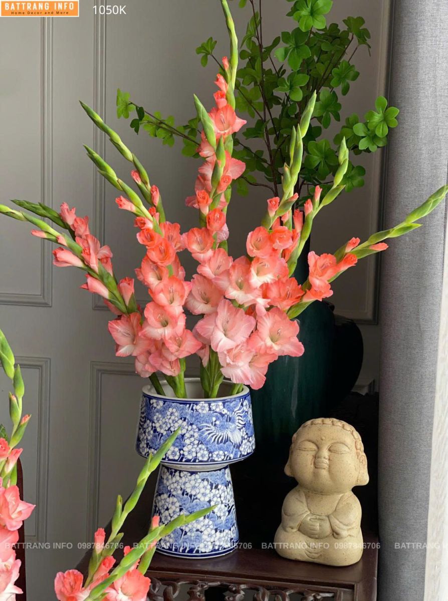 Lọ Hoa Dáng Ly Cao 25cm Miệng 16cm Vẽ Tay Men Lam Cao Cấp Bát Tràng