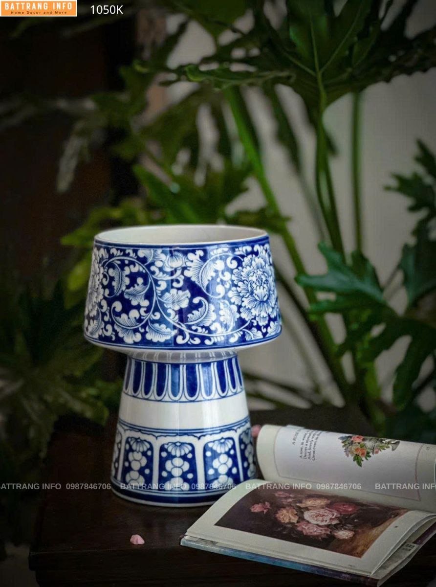 Lọ Hoa Dáng Ly Cao 25cm Miệng 16cm Vẽ Tay Men Lam Cao Cấp Bát Tràng