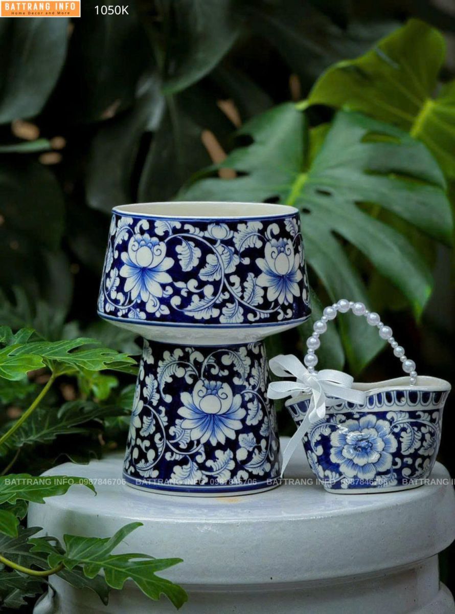 Lọ Hoa Dáng Ly Cao 25cm Miệng 16cm Vẽ Tay Men Lam Cao Cấp Bát Tràng