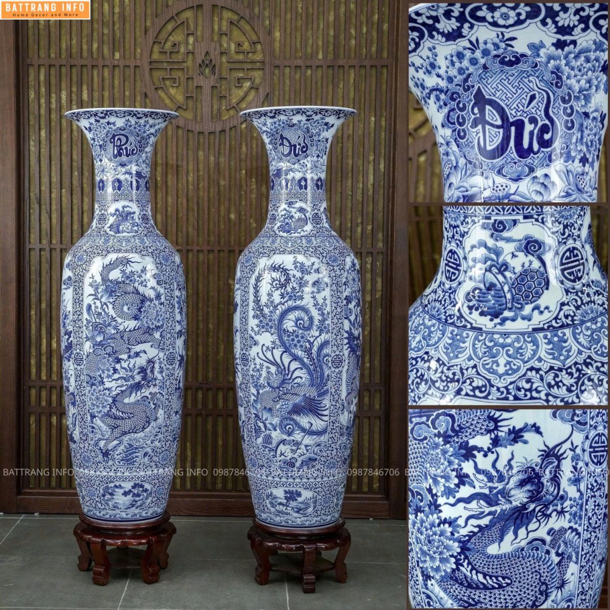 Lộc Bình Tứ Linh Men Lam Khử Cao Cấp Bát Tràng