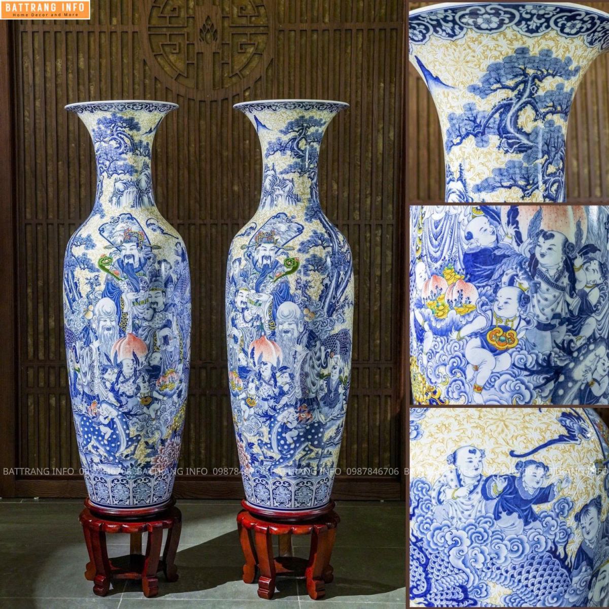 Lộc Bình Phúc Lộc Thọ Nền Gại Gấm Cao Cấp Bát Tràng