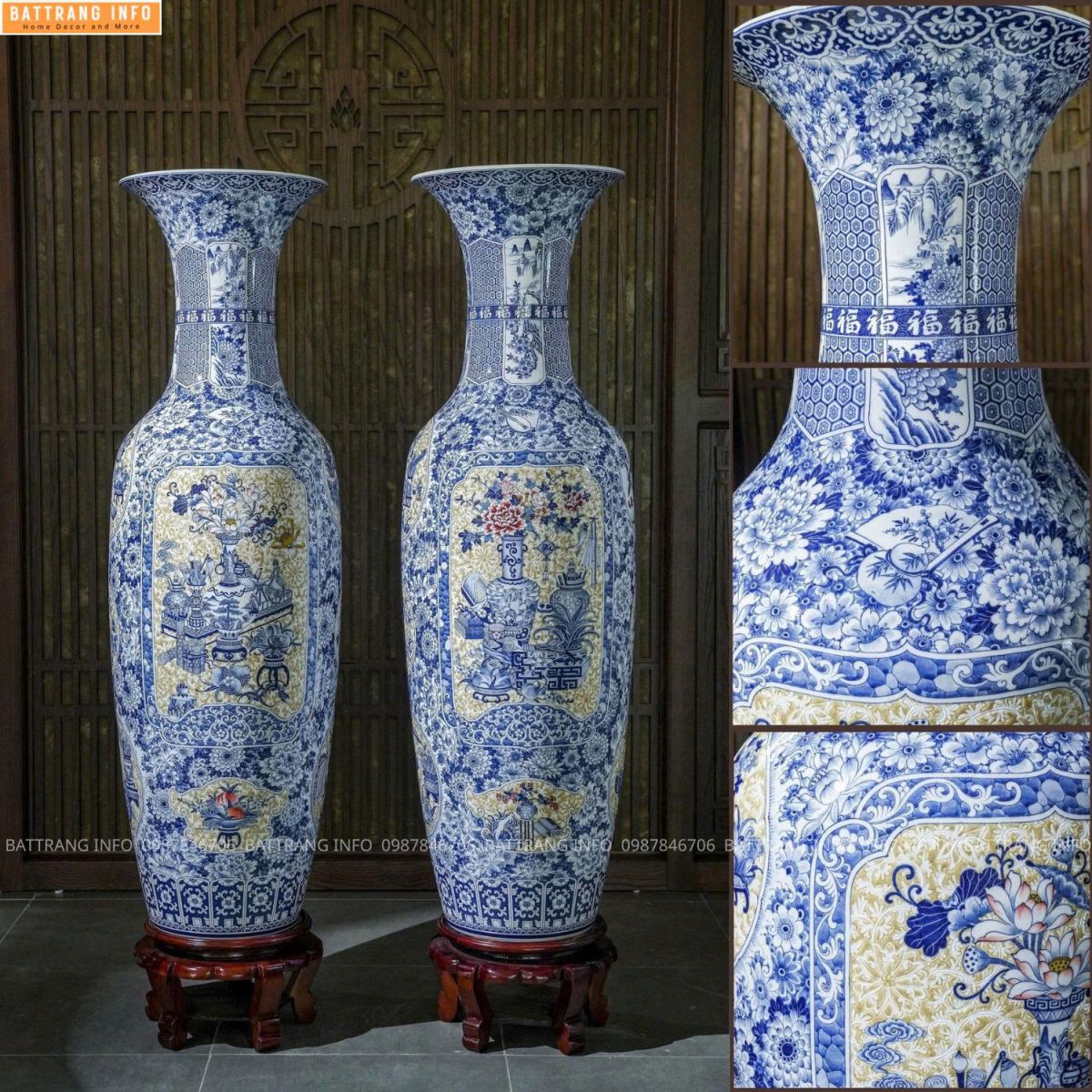 Lộc Bình Tứ Quý Cổ Đồ Nền Gại Gấm Cao Cáp Bát Tràng