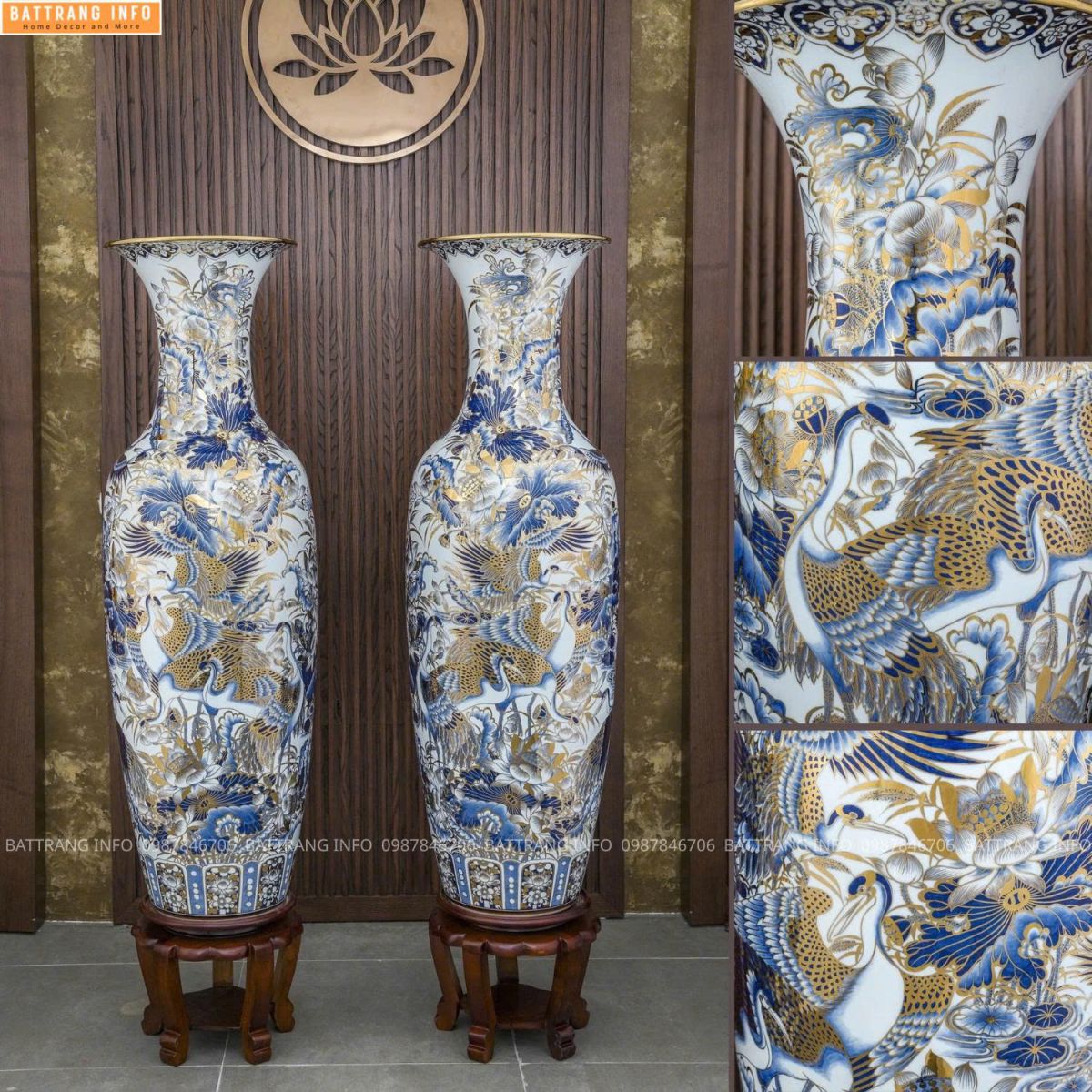 Lộc Bình Sen Hạc Vẽ Vàng 24K Cao Cấp Bát Tràng