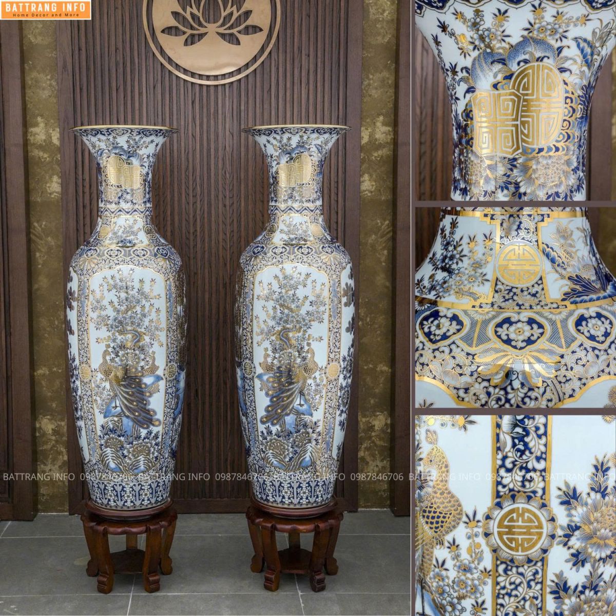 Lộc Bình Tứ Cảnh Men Lam Khử Vẽ Vàng 24k Cao Cấp Bát Tràng