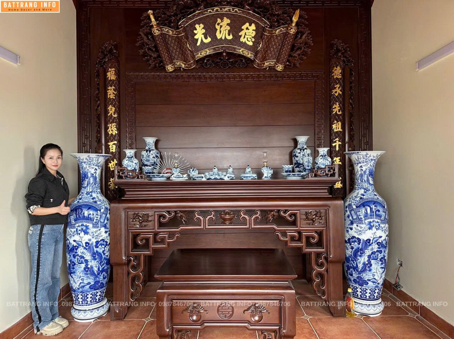 Full Combo Bộ Đồ Thờ Và Lộc Bình Men Lam Khử Cao Cấp Bát Tràng Cho Khách Bắc Ninh