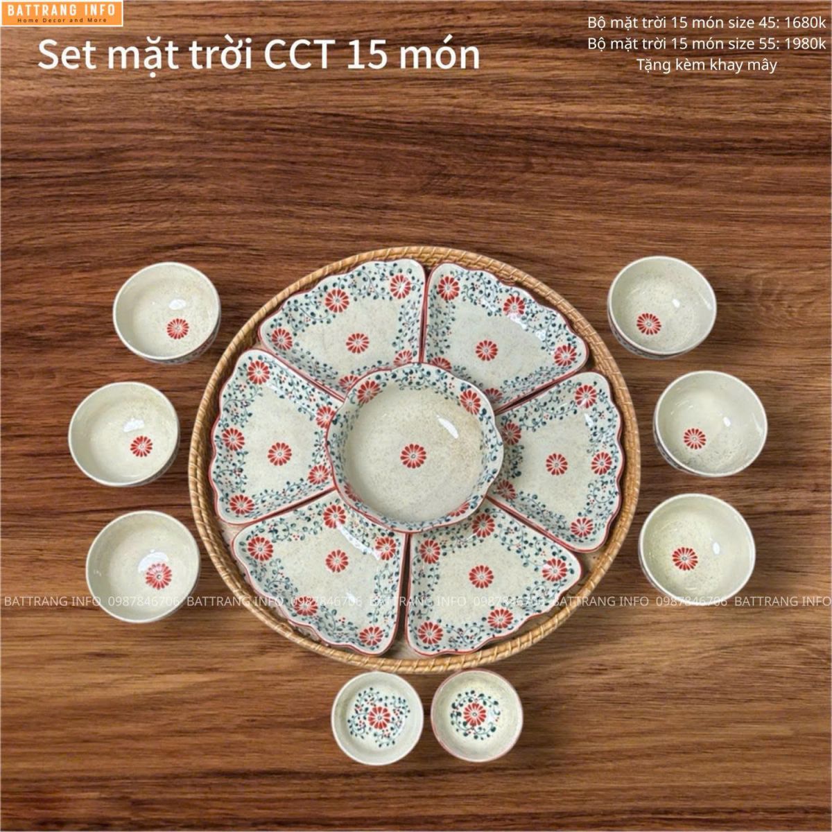 Bộ bát đĩa hoa mặt trời vẽ tay cao cấp Bát Tràng – Điểm nhấn cho mâm cơm thêm ấm cúng và sang trọng