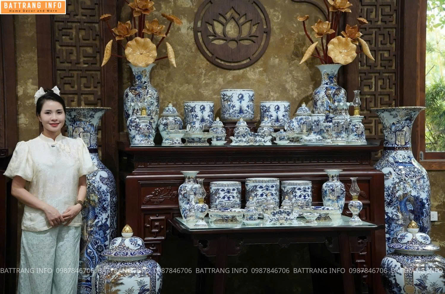 Bộ Đồ Thờ Men Khử Vẽ Vàng 24K Cao Cấp Bát Tràng