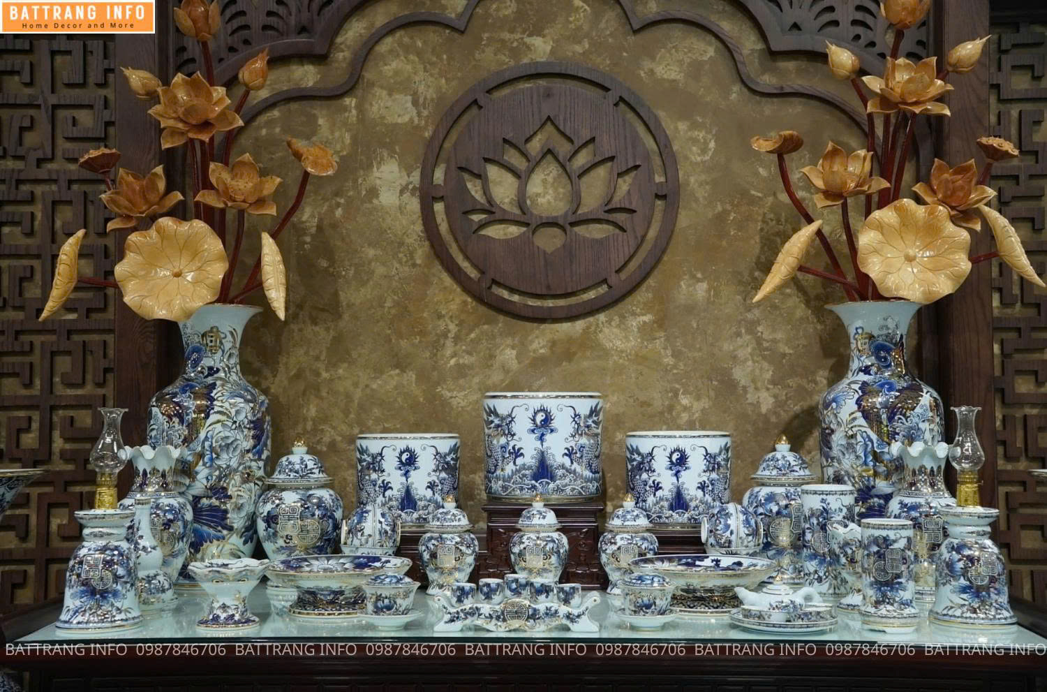 Bộ Đồ Thờ Men Khử Vẽ Vàng 24K Cao Cấp Bát Tràng