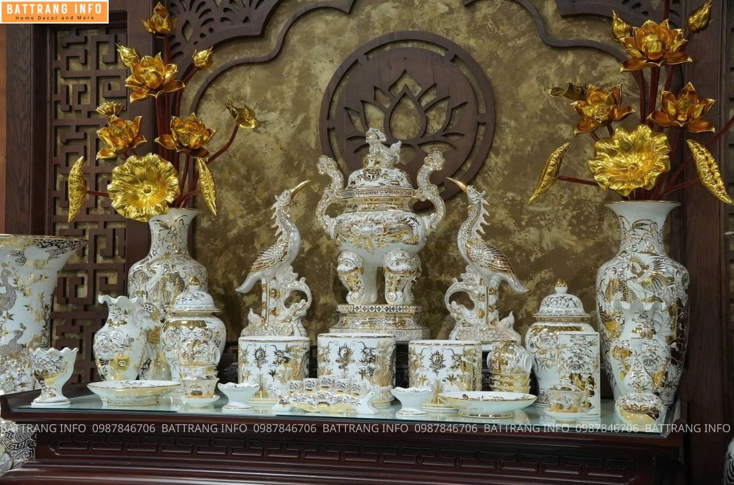 Bộ đồ thờ Bạch Ngọc vẽ vàng 24K cao cấp Bát Tràng