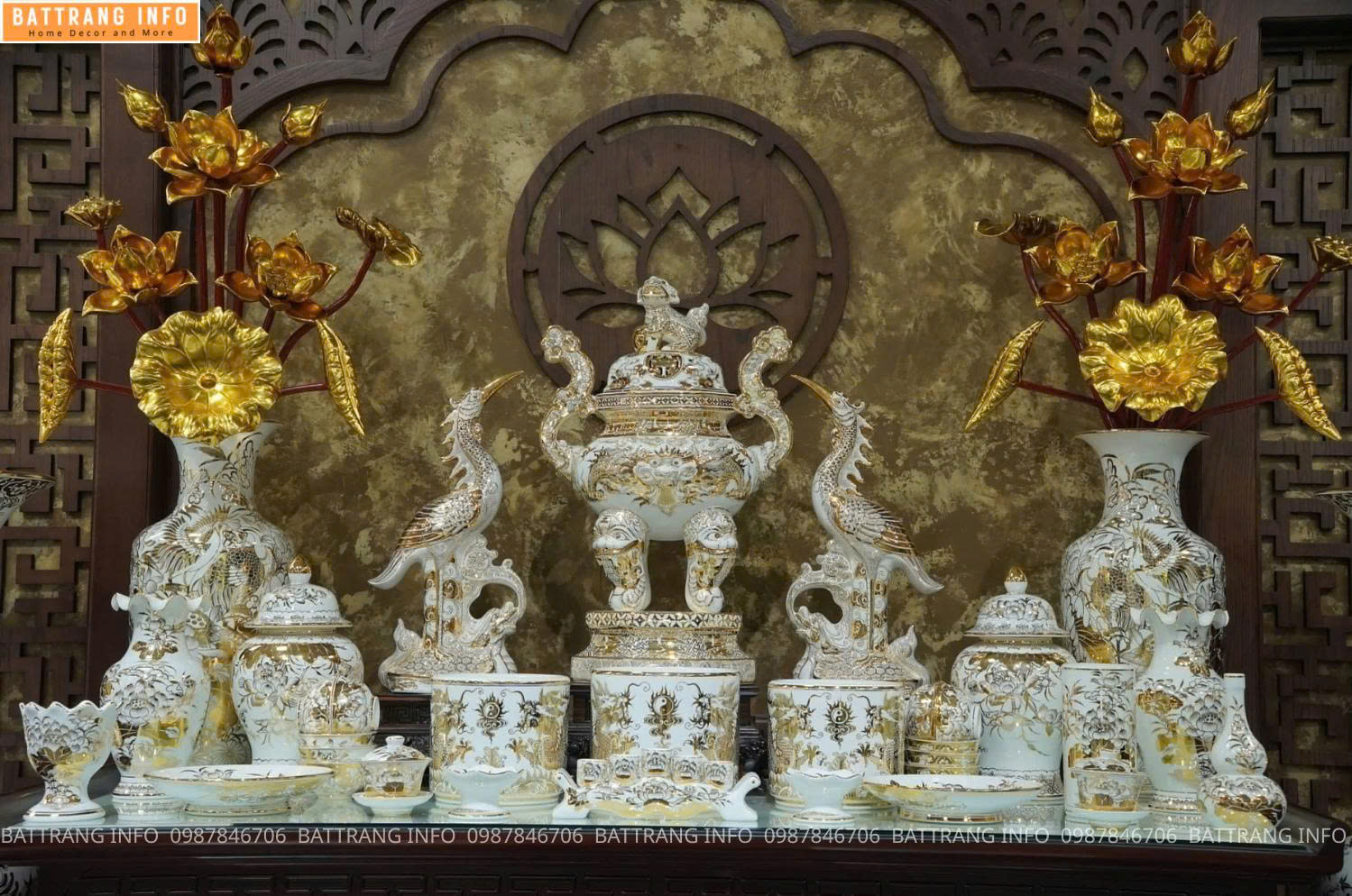 Bộ đồ thờ Bạch Ngọc vẽ vàng 24K cao cấp Bát Tràng