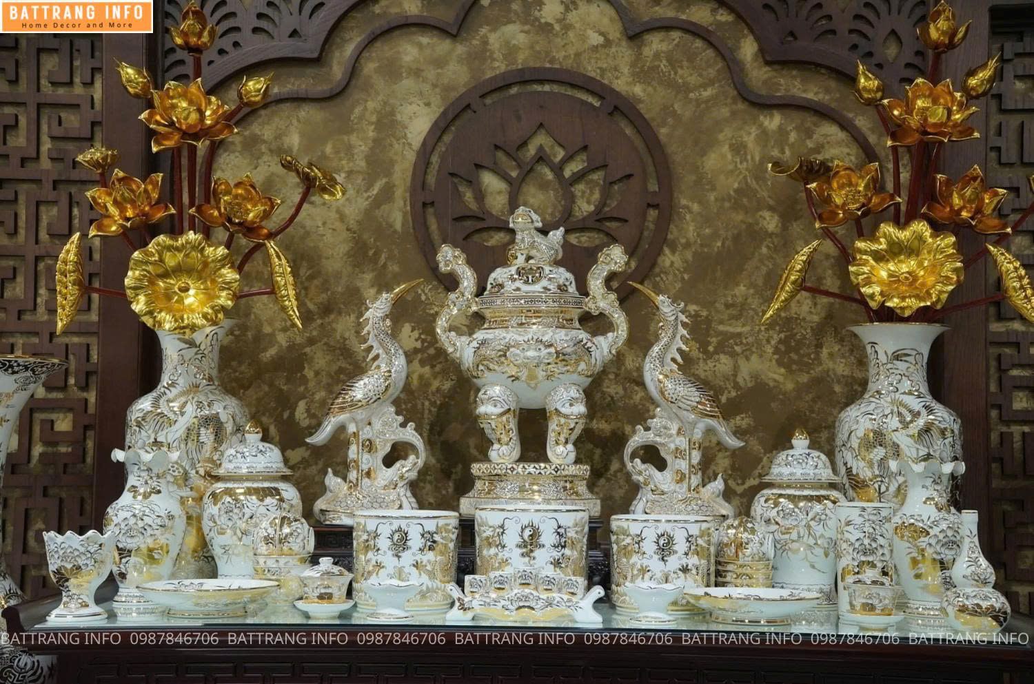 Bộ đồ thờ Bạch Ngọc vẽ vàng 24K cao cấp Bát Tràng