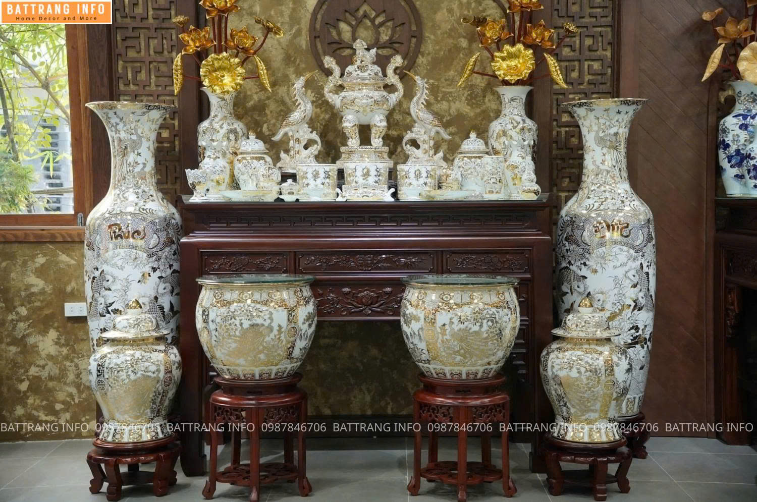 Bộ đồ thờ Bạch Ngọc vẽ vàng 24K cao cấp Bát Tràng