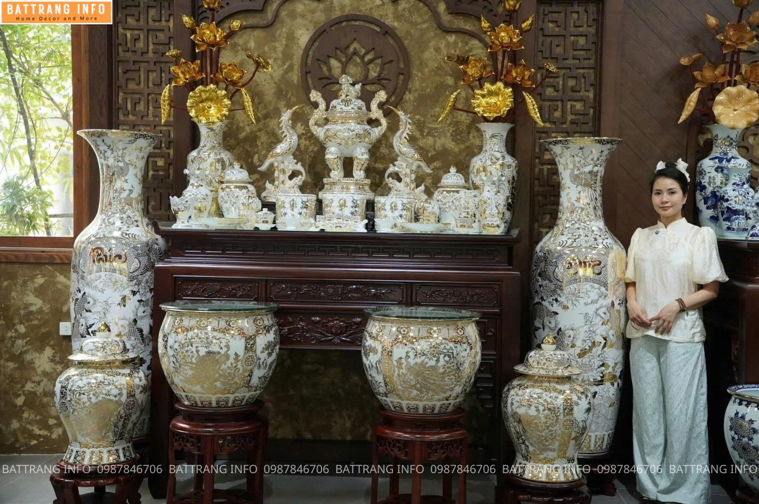 Bộ đồ thờ Bạch Ngọc vẽ vàng 24K cao cấp Bát Tràng