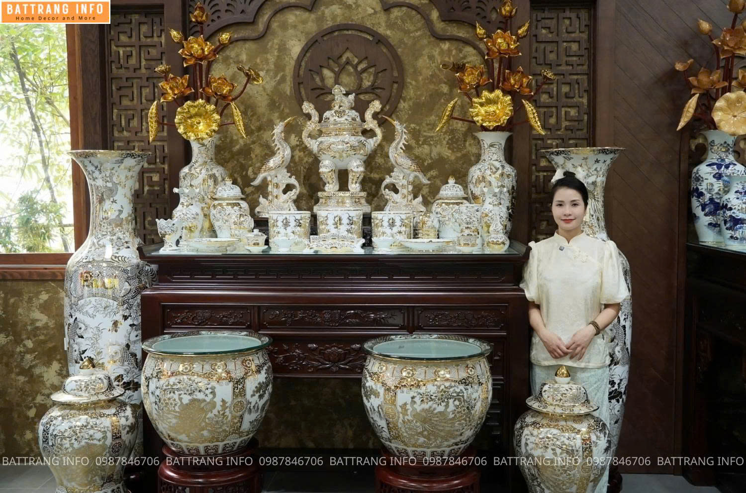 Bộ đồ thờ Bạch Ngọc vẽ vàng 24K cao cấp Bát Tràng